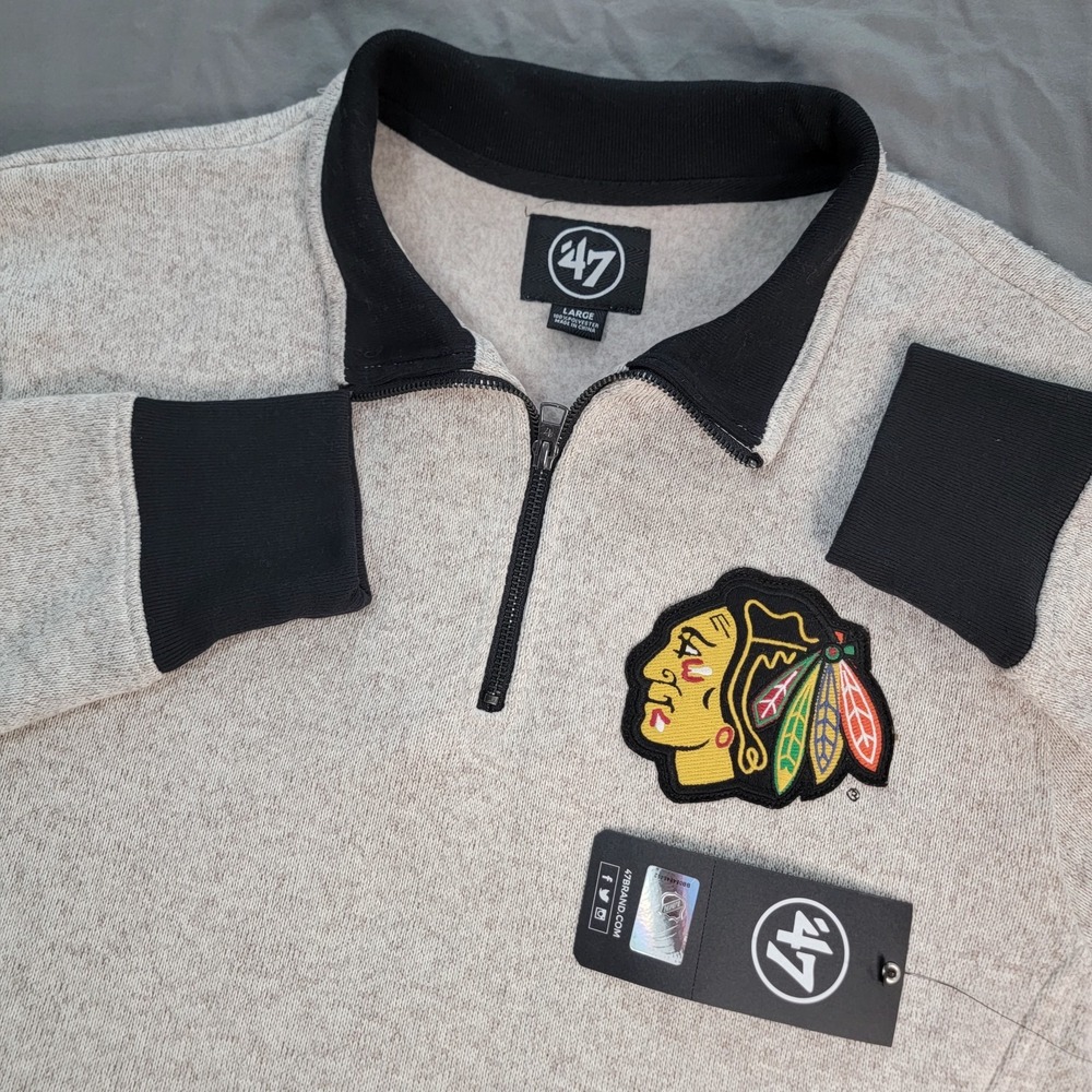 New Chicago Blackhawks 47 Brand 1/4 Zip Men's Large Beige Long Sleeve NWT